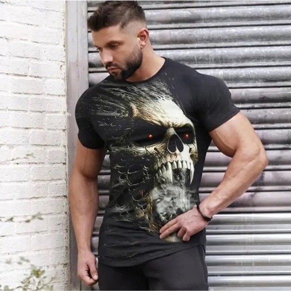New Horror Skull 3D Printed Retro Casual Short-Sleeved Elastic Breathable Quick- - Picture 1 of 6